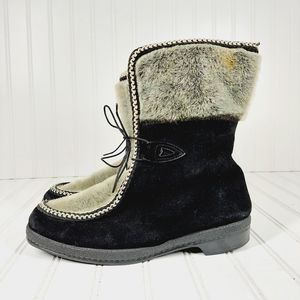 Vintage Yodelers Black Gray Ski Sherpa Lined Fur Lace Mid Calf Boots I193